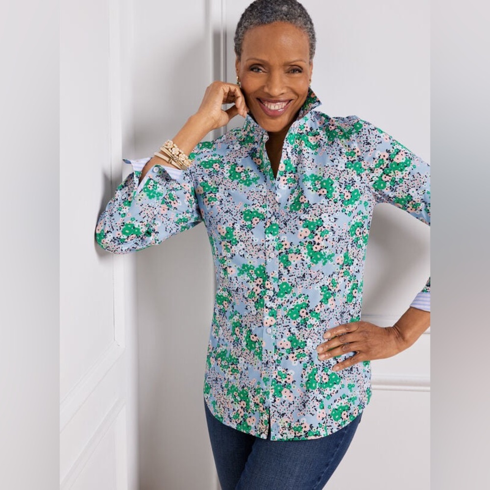 NEW Talbots Non-Iron Perfect Button Up Shirt Office Casual Stretch Floral 14